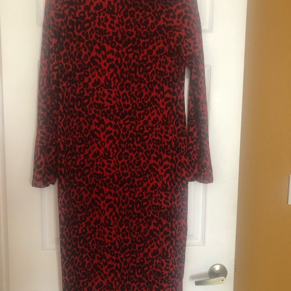 Zara Red and Black Leopard Print Long Sleeve Dress